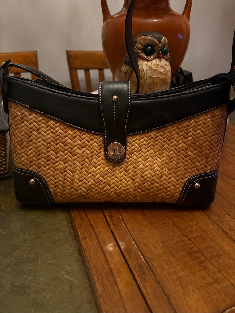 Etienne Aigner Woven Straw and Black Trim Shoulder Bag - Casual Chic